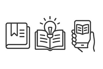 Reading and learning line icon set. Education, knowledge, and literature symbols. Vector icons of a book with bookmark, e-book on phone, and open book with a lightbulb.