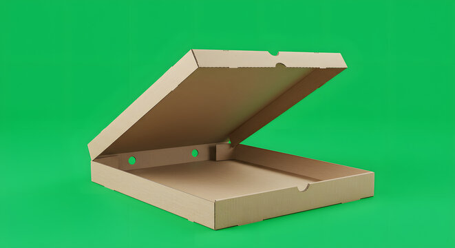 Open Cardboard Pizza Box on Green Background.
