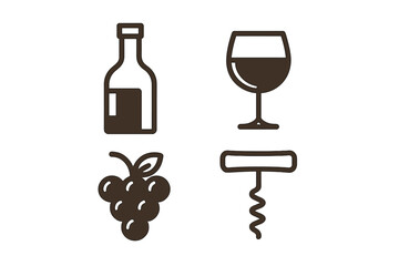 Wine icon set with bottle, glass, grapes, corkscrew. Simple linear vector graphic for restaurant menu, bar, or winery. Alcohol and beverage concept for web design or apps.