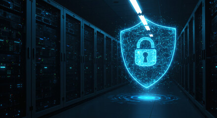 Digital data protection and network security concept with a glowing blue shield safeguarding servers in a data center