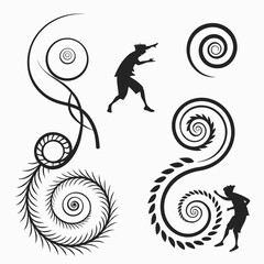 Abstract swirling shapes and human silhouettes spiral