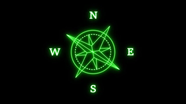 Glowing neon Compass Icon animation on black background.  Direction and Navigation Illustration Video Animation. Realistic magnetic moving compass icon in high resolution alpha channel.