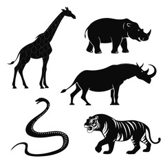 African savanna animals silhouettes giraffe rhinoceros
