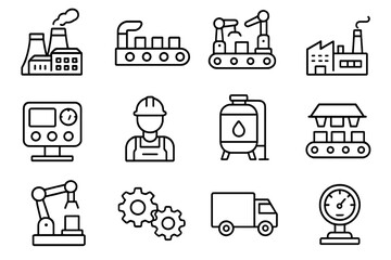 Factory industry line icon set. Manufacturing, automation, and production line symbols. Vector outline illustrations of conveyor, robot arm, worker for web and graphic design.