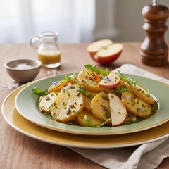 Warmer Kartoffelsalat mit Rucola, Apfelspalten und Kernen in klarer Vinaigrette