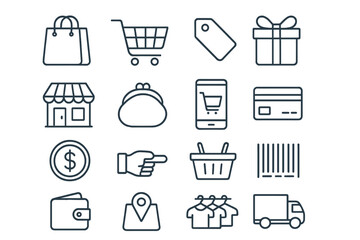 Shopping and e-commerce line icon set. Vector symbols for retail, online store, business. Includes cart, bag, payment, delivery icons. Editable stroke for web, UI, UX, and apps.