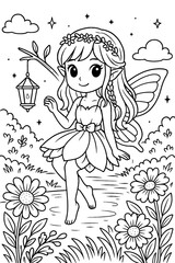 Enchanting fairy illustration in a flower garden with a hanging lantern
