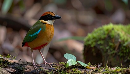 Colorful bird perched on log
