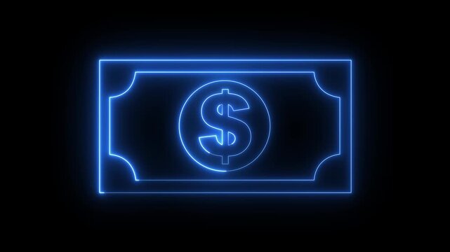glowing neon dollar banknote icon animation on black background. dollar banknote icon. stacked dollar bills representing finance, banking, savings, and economic wealth concept.