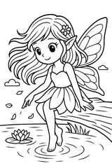 Fototapeta premium Enchanting fairy illustration sitting by pond with water lily and petals