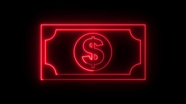 glowing neon dollar banknote icon animation on black background. dollar banknote icon. stacked dollar bills representing finance, banking, savings, and economic wealth concept.