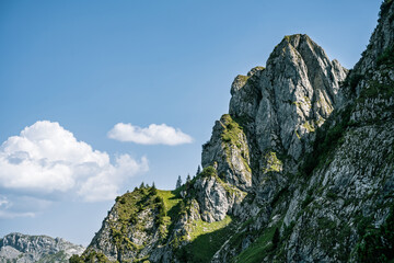 Eastern towers and cliffs of Branderschrofen, a mountain in the Allgäu Alps easily accessible from the west and heavily frequented by tourists.