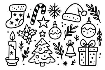 Festive Christmas doodle icon set. Hand drawn winter holiday symbols and decorations. Black and white line art cartoon vector illustration. Xmas elements collection.