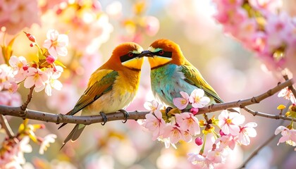 Colorful birds in cherry blossoms