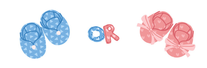 Banner for a gender party. Pink and blue slippers for a newborn on a white background. Flat color illustration of items related to a boy or a girl. Determining the gender of a child. A pair of shoes