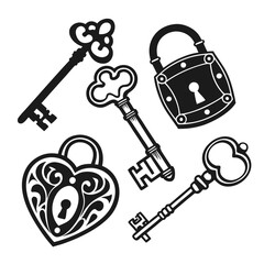 Antique locks and keys silhouettes vintage