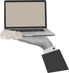 The hand holds a laptop with a white screen. Art collage.