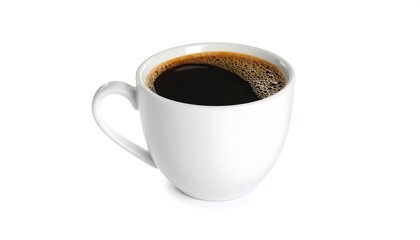 Aromatic dark brewed coffee in a pristine white mug against plain background