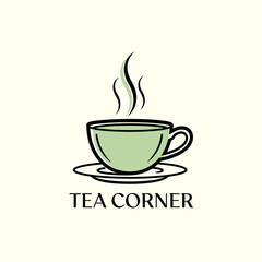 A stylized logo featuring a green teacup with steam rising, on a saucer, and the words 
