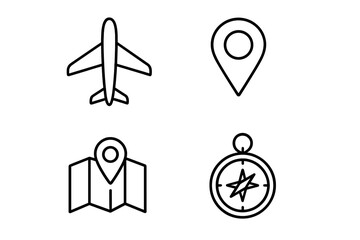Fototapeta premium Travel and navigation line icon set. Plane, map pin, compass, and location marker symbols. Vector outline pictogram for tourism, web design, apps, and adventure concepts.