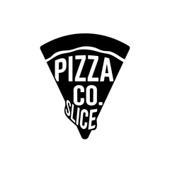 Black and white logo depicting a slice of pizza with the words 