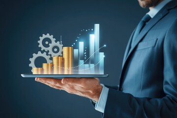 Business growth concept businessman holds tablet displaying financial graphs and company buildings