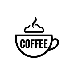 A simple black line art icon of a steaming coffee cup with the word COFFEE written across it.