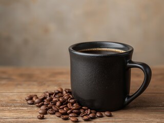 Still Life with Coffee Cup and Beans, Rustic Table, Soft Lighting, Brown Tones.
