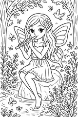 Enchanting fairy with flute sitting by stream in forest coloring page art