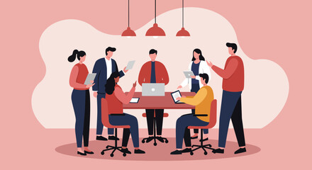 Diverse business team collaborating in a modern meeting room. Illustrates teamwork, strategy, discussion, and corporate innovation, perfect for business concepts.