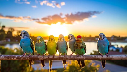 Colorful birds perched on a railing at sunset
