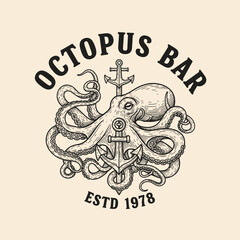 Vintage Octopus Bar logo design featuring an octopus entwined with anchors.
