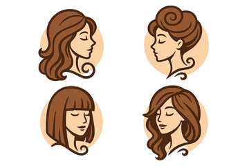 Beauty salon woman hairstyle logo design, vector cartoon illustration set of elegant female profiles with various trendy haircuts, brown hair, side view, transparent background