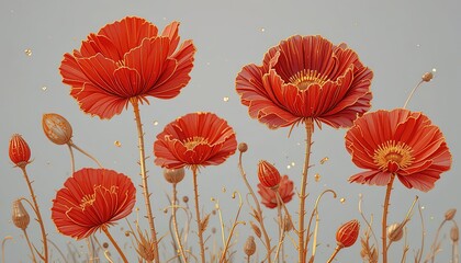 Elegant red poppy flowers with golden outlines create a dreamy and sophisticated floral arrangement
