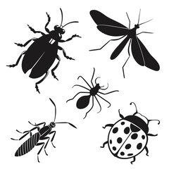 Black insect silhouettes beetle moth ant ladybug vector