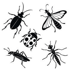 Black insect silhouettes beetle moth grasshopper ladybug ant