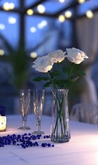 A delicate arrangement of white roses in a clear vase, sits on a white tablecloth with blue beads, bathed in soft, ambient light.