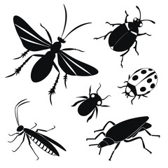 Black insect silhouettes collection beetle moth