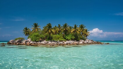 Tropical Haven. Island Dreamscape of Azure Waters, Verdant Palms, and Rocky Shores.