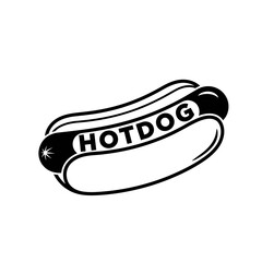 Simple black and white graphic of a hot dog with the word 