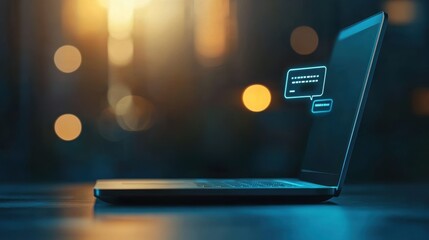 Blue customer support chat interface on a laptop screen, helping users.