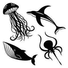 Black marine life silhouettes jellyfish whale