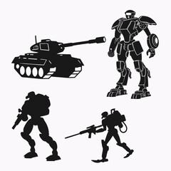 Black mechanical robots and tank silhouettes sci fi