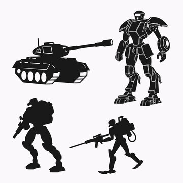 Black mechanical robots and tank silhouettes sci fi