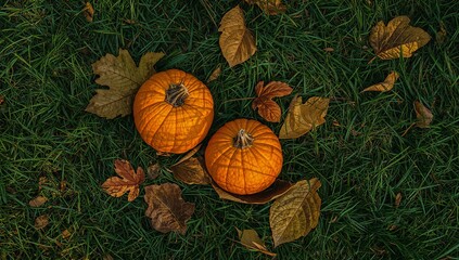 Two Orange Spheres on Emerald Green Grass. A Study in Autumnal Hues and Textures.