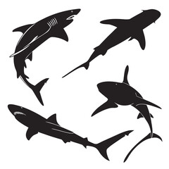 Black shark silhouettes various angles white ocean