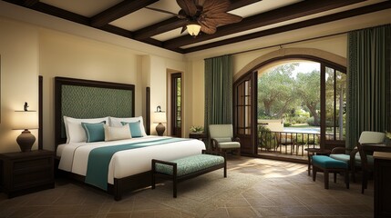 A stylish hotel room features dark wood beams, blue and white bedding, and green wall panels, offering a tranquil view of an olive tree through large windows