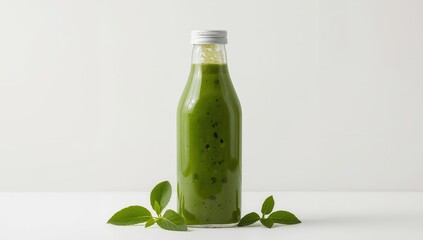 Verdant Refreshment, A Bottle of Green Liquid with Silver Cap and Green Leaves.