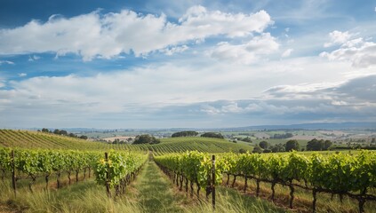 Naklejka premium Verdant Rows, Cloudy Skies. A Study in Green and Blue, Perspective and Texture.