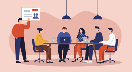 Team of diverse professionals collaborating in a modern office meeting, discussing strategies and ideas with a presenter. Ideal for business, corporate, or educational themes.